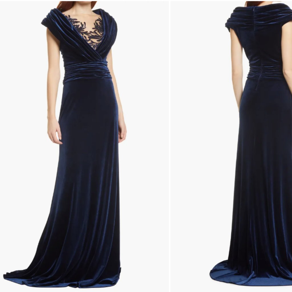 Tadashi Shoji Velvet Lace Mesh Inset Portrait V-Neck Navy Gown Sz L
